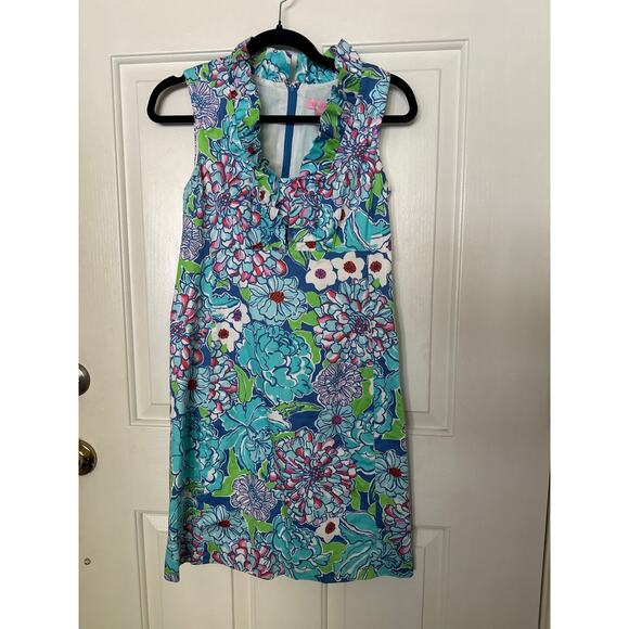 Lilly Pulitzer Adeline Shift Dress Size 0 Worth Blue May Flower Ruffle Trim - Picture 2 of 6